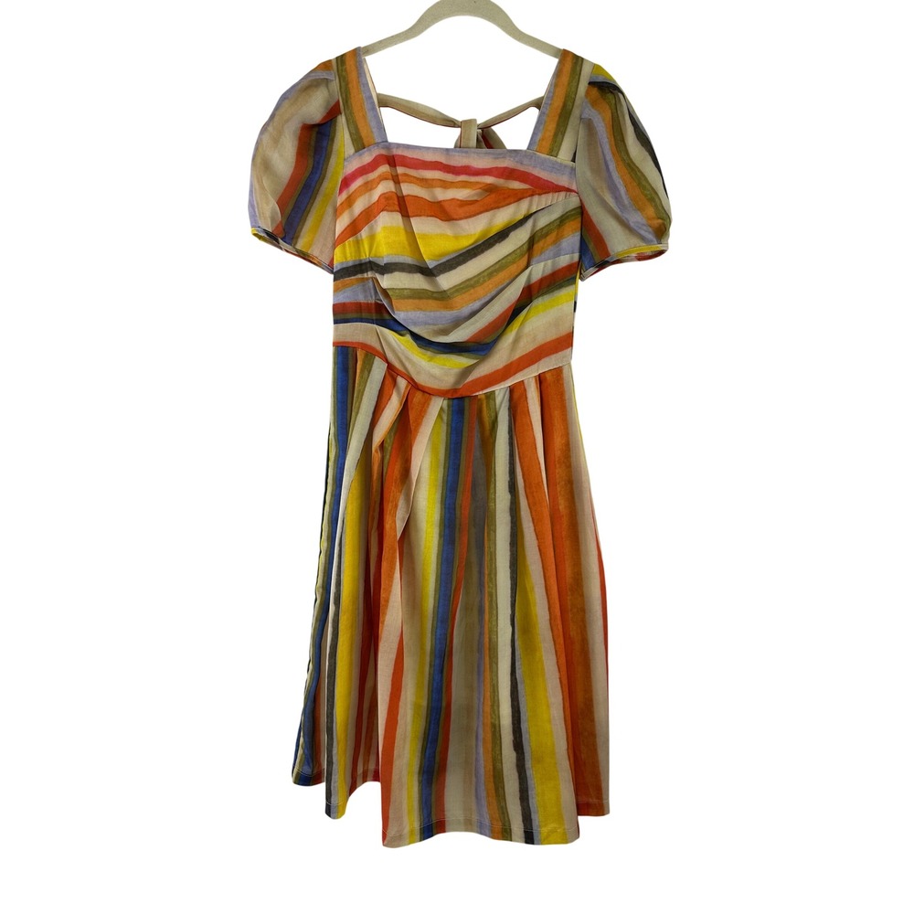 MR WATER Fit Flare Dress Multicolor Striped Puff Sleeve Square Neck Women Medium